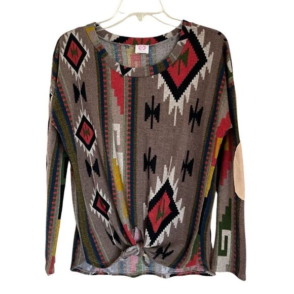 Wanna B Womens Aztec Tie Front Multicolor Long Sleeve Sweater Size Large - Picture 12 of 13